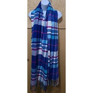 J. Crew Blue & Purple Plaid Woven Scarf With Fringe Edges cottagecore  grandma